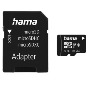 Hama 32GB MicroSDHC Card with SD Adapter, Class 10 UHS-I, V10, 100MB/s