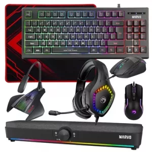 Marvo Scorpion 6-Product Gaming & Streaming Bundle featuring 80% TKL Multimedia Keyboard, Programmable USB Mouse, Non-Slip Mousepad, PC & Console-Compatible RGB Gaming Headset, RGB Stereo Soundbar & USB Streaming Microphone