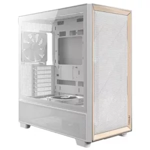 Antec FLUX Mid Tower PC Case - Tempered Glass, White/Wood, 5 PWM Fans, USB-C, E-ATX/ATX/mATX/ITX Compatibility
