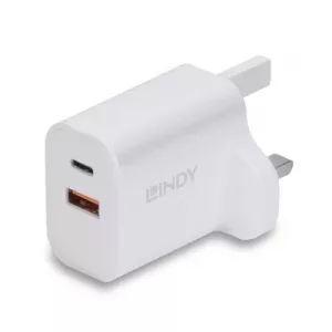 LINDY 73425 30W USB Type A & C Charger UK Plug, 3A, Power Delivery 3.0 + PPS, 2 Output Connectors (USB, 24 pin USB-C), White