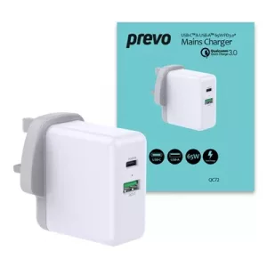 Prevo QC72 65W USB Type-C & USB Type-A Fast Charge Mains Charger with Qualcomm Quick Charge 3.0 and 1.5m 100W USB-C Cable for Laptops, Ultrabooks, Chromebooks, iPads, MacBooks, Smartphones, Tablets, Mobile Devices, Action Cameras, DSLRs