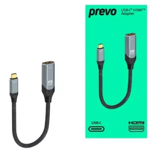 Prevo USBC-HDMI-ADA Display Converter Adapter, USB Type-C (M) to HDMI (F), 0.2m, Black & Silver, HDMI 2.0, Supports up to 4K@60Hz, Braided Cable, Retail Box Packaging