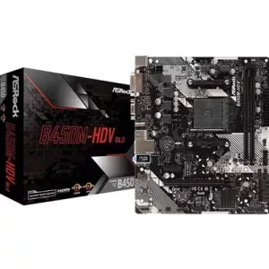 ASRock B450M-HDV R4.0 Super Alloy AMD AM4 Socket Motherboard, Micro-ATX, 2x DDR4 Slots, 1x M.2 Socket, GbE LAN, 1x D-Sub / 1x DVI-D / 1x HDMI Port