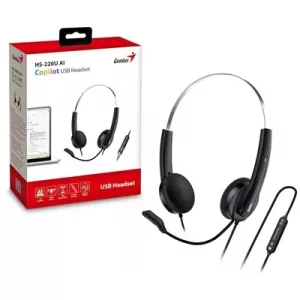 Genius HS-220U-C Copilot AI Ultra Lightweight Headset with Mic, USB-C Connection, Plug and Play, Adjustable Headband and microphone with In-line Volume Control, Black