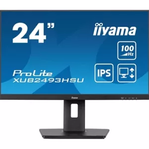 iiyama PROLITE XUB2493HSU-B7 24 Inch IPS Monitor, Full HD, 1ms, 100Hz, USB Hub x 2, HDMI, DisplayPort, Speakers, Black, Internal PSU, Height Adjustable, Pivot, VESA