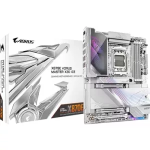 Gigabyte X870E AORUS MASTER X3D ICE AMD AM5 Socket Motherboard, ATX, 4x DDR5 Slots, 5x M.2 Sockets, Fitted I/O Shield, 10GbE LAN, Wi-Fi 7, 1x HDMI Port / 2x USB-C (USB4)