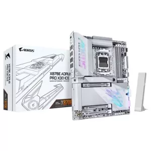 Gigabyte X870E AORUS PRO X3D ICE AMD AM5 Socket Motherboard, ATX, 4x DDR5 Slots, 4x M.2 Sockets, Fitted I/O Shield, 5GbE LAN, Wi-Fi 7, 1x HDMI Port / 2x USB-C (USB4)