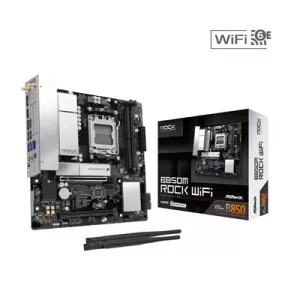 ASRock B850M Rock WiFi AMD AM5 Socket Motherboard, Micro-ATX, 2x DDR5 Slots, 2x M.2 Socket, Fitted I/O Shield, 2.5GbE LAN, Wi-Fi 6E, 1x DisplayPort / 1x HDMI Port