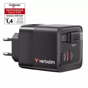 Verbatim (32217) GaN Wall Charger 65W 2 Port with Retractable Cable