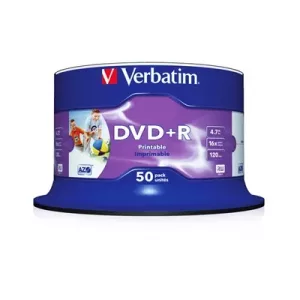 Verbatim (43512) DVD+R 16X 4.7GB 50 Pack Spindle Wide Inkjet Printable No ID