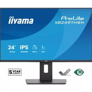 iiyama XB2497HSN-B1 24" IPS LCD USB-C Dock Display with 65W Charging, 4ms (1ms MPRT, Full HD 1920x1080, 350 cd/m2 Brightness, RJ45, 1x HDMI,1 x DisplayPort In, 1 x DP-OUT(MST), USB Hub 2x USB 3.0 + 2x USB-C (7.5W), 2W Speakers, Height Adjustable Stand, TU