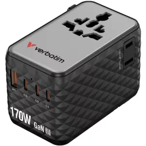 Verbatim (30190) Charge 'n' Travel 170W Universal Travel Adapter Black, Charge Up To 6 Devices AT Once