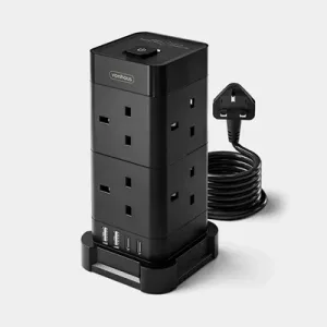 VonHaus Tower Extension Lead with USB, Power Surge Protection 2M Cable Black, 8 x UK Mains Sockets, Three-Pin 13A Plugs, Arranged Vertically With 2 Sockets On Each Of The 4 Sides