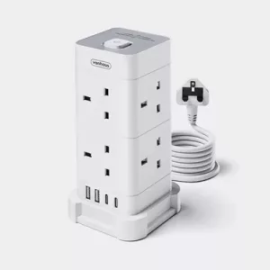 VonHaus Tower Extension Lead with USB, Power Surge Protection 2M Cable White, 8 x UK Mains Sockets, Three-Pin 13A Plugs, Arranged Vertically With 2 Sockets On Each Of The 4 Sides